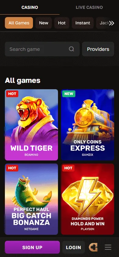 Crown Gold Casino games page on a mobile device