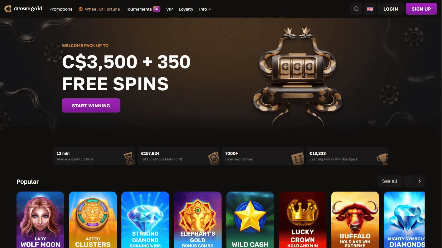 Crown Gold Casino home page on desktop