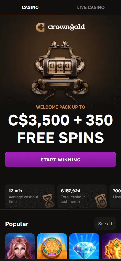 Crown Gold Casino home page on a mobile device